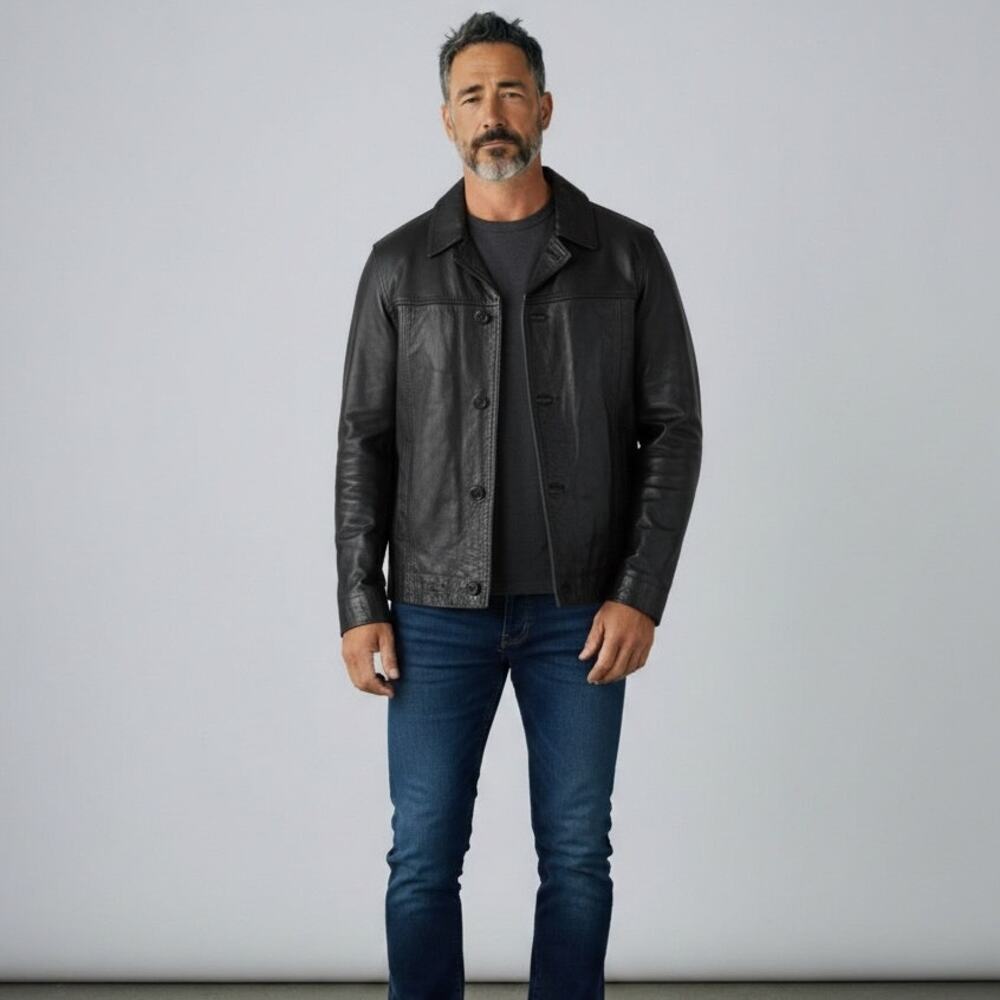 J. Crew Genuine Leather Car Coat Mens Sz M Black Blanket Lined Heavyweight Y2K